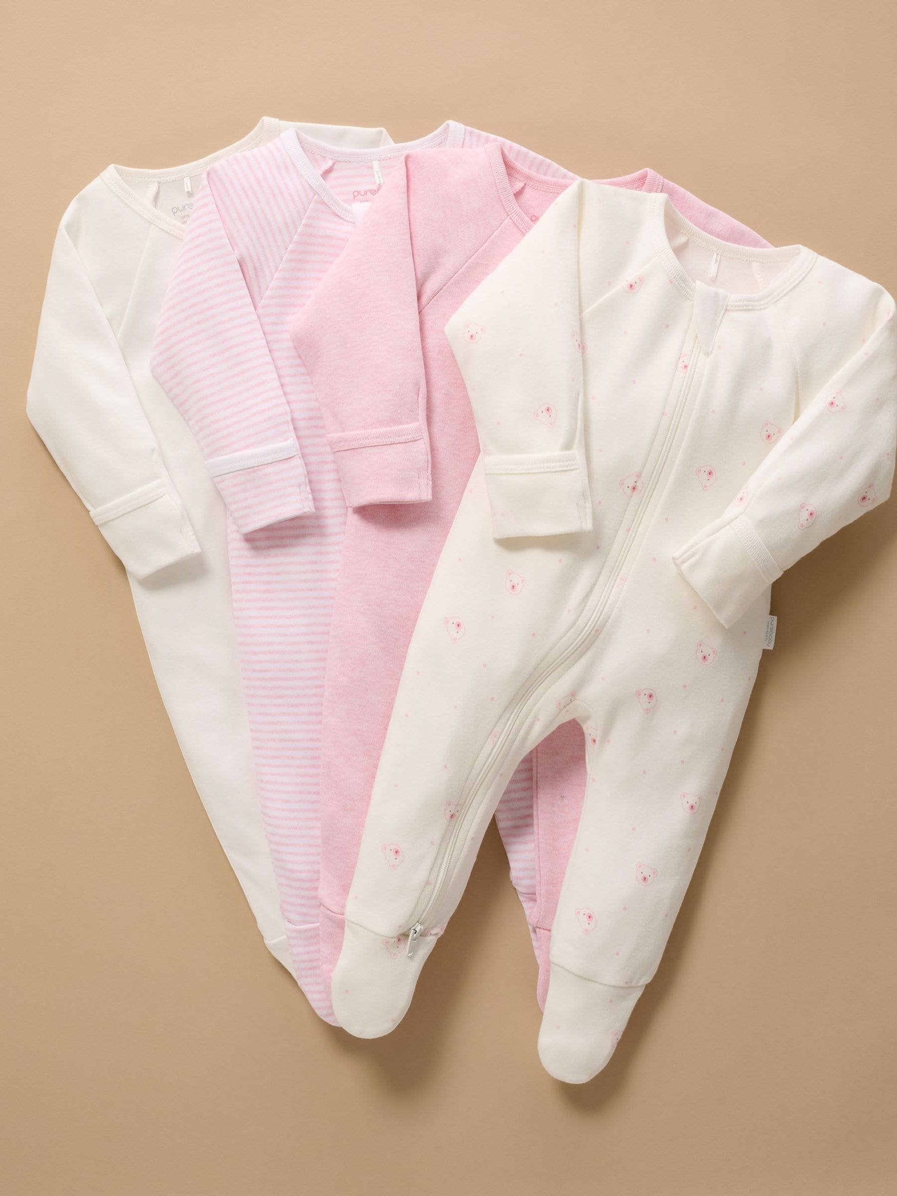 Purebaby Pale Pink Bear Zip Sleepsuits 4 Pack image 4