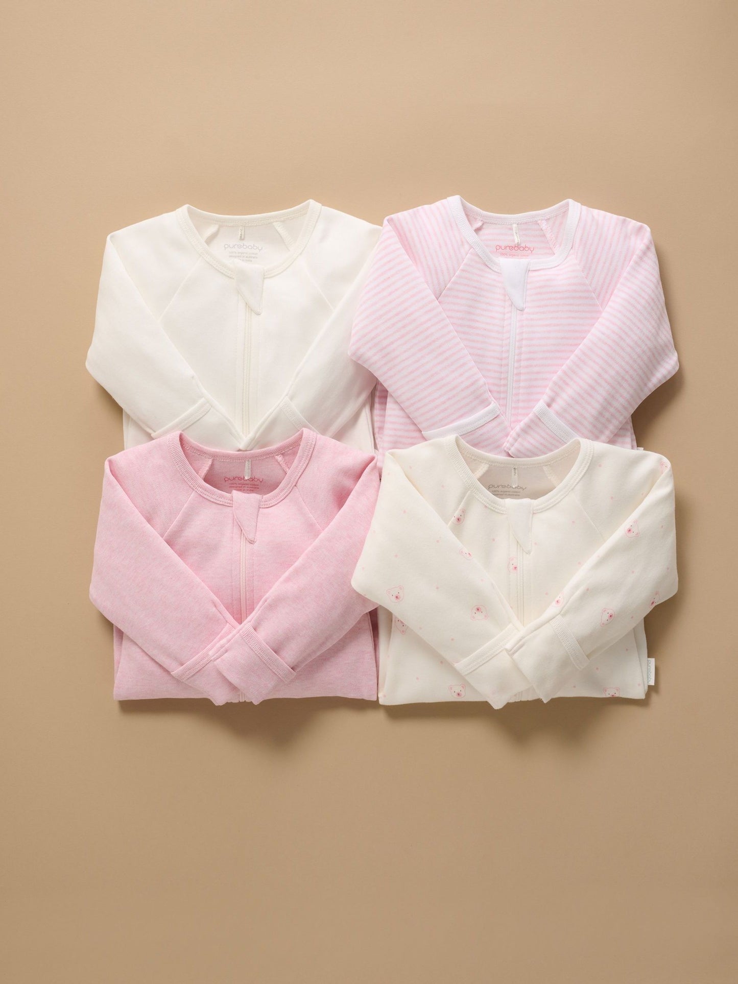 Purebaby Pale Pink Bear Zip Sleepsuits 4 Pack image 5