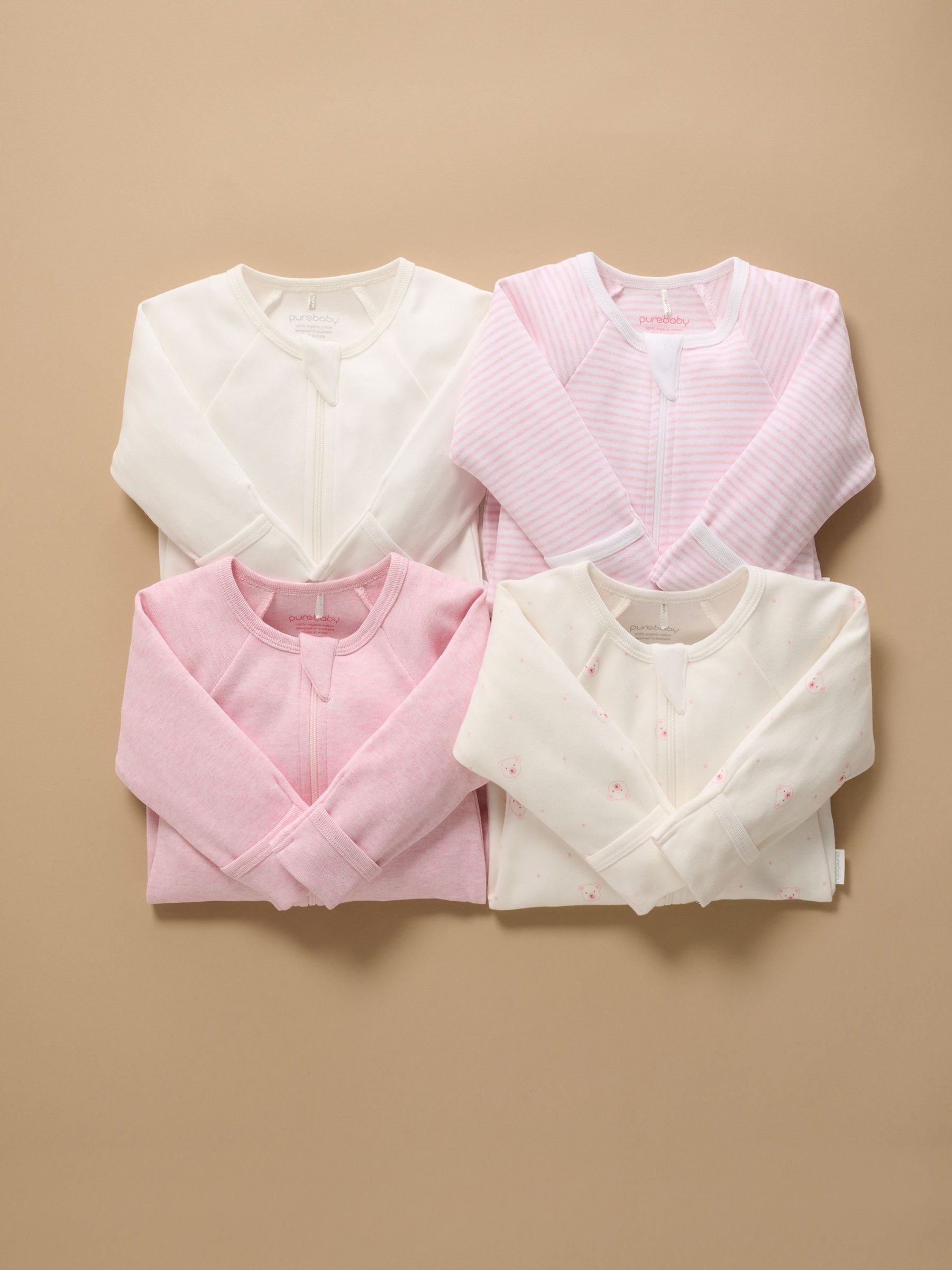 Purebaby Pale Pink Bear Zip Sleepsuits 4 Pack image 5