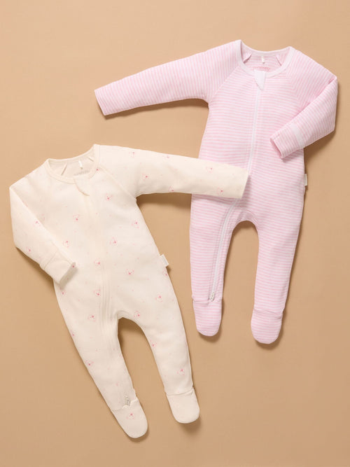 Purebaby Pale Pink Bear Zip Baby Sleepsuits 2 Pack image 1