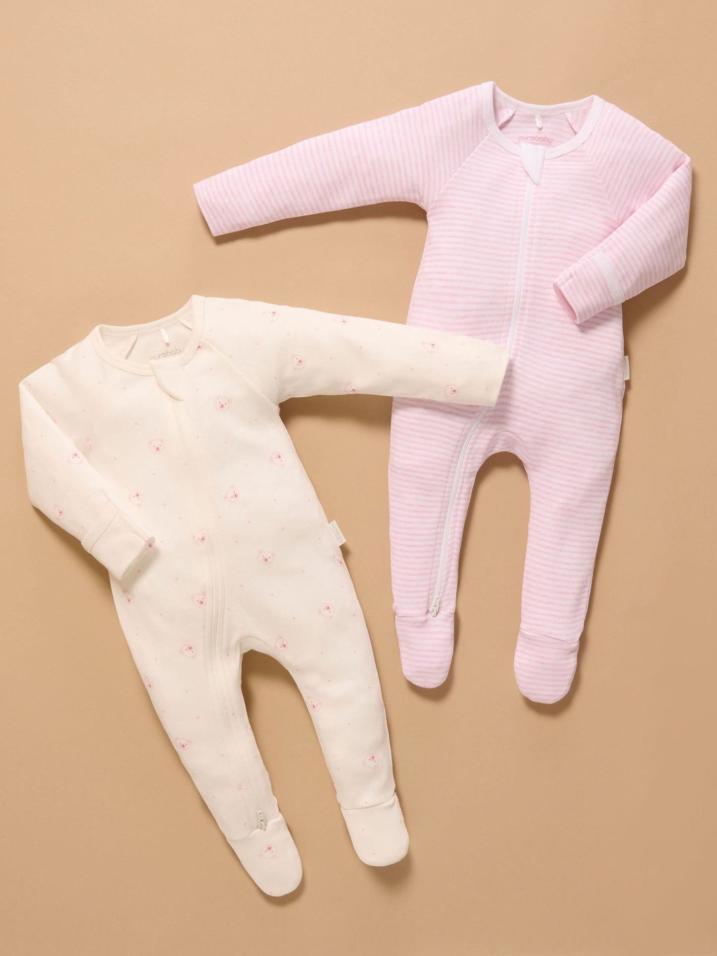 Purebaby Pale Pink Bear Zip Baby Sleepsuits 2 Pack image 1