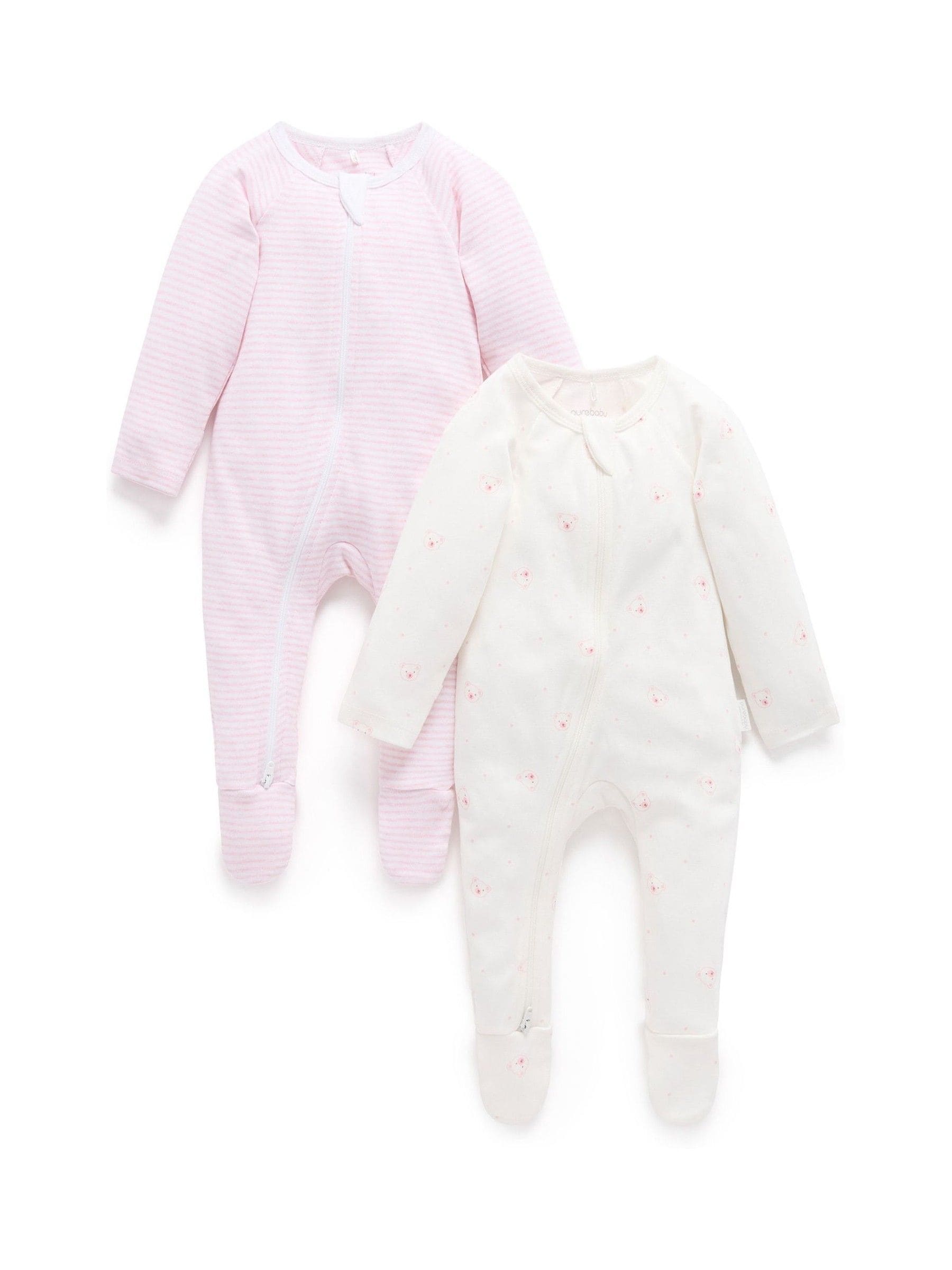 Purebaby Pale Pink Bear Zip Baby Sleepsuits 2 Pack image 3
