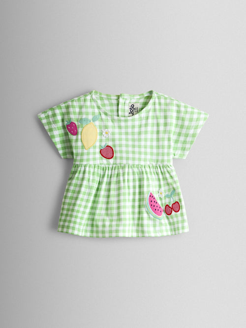 JoJo Maman Bébé Green Fruit Appliqué Peplum T-Shirt image 1