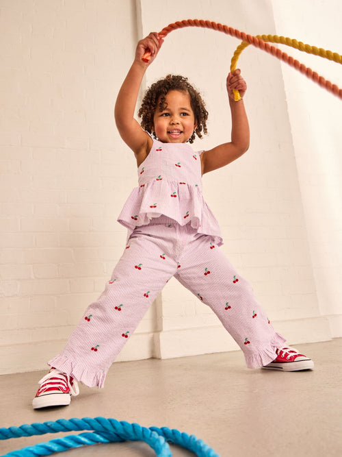 Dsiney Kidz - JoJo Maman Bébé Lilac Purple Cherry Embroidered Sleeveless Blouse and Trouser Set image 1