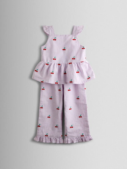 JoJo Maman Bébé Lilac Purple Cherry Embroidered Sleeveless Blouse and Trouser Set image 2