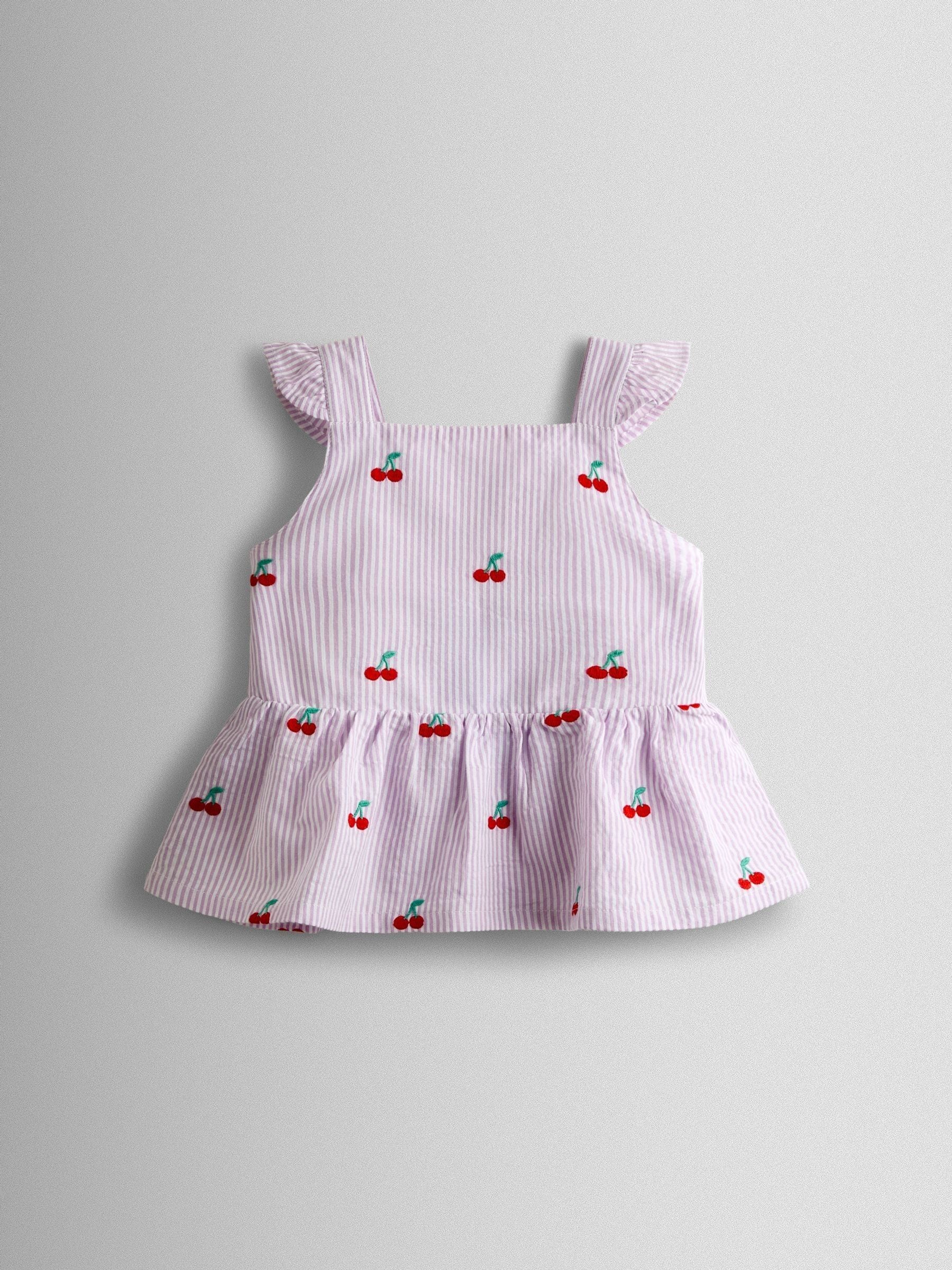 JoJo Maman Bébé Lilac Purple Cherry Embroidered Sleeveless Blouse and Trouser Set image 3