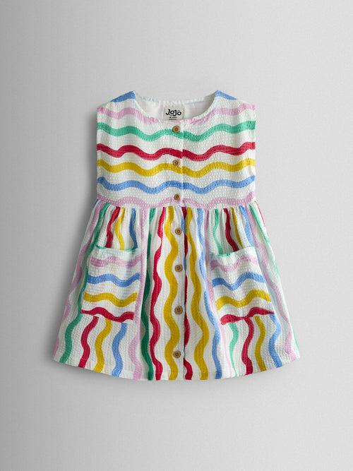 Dsiney Kidz - JoJo Maman Bébé White Rainbow Waves Button Through Sleeveless Dress image 1