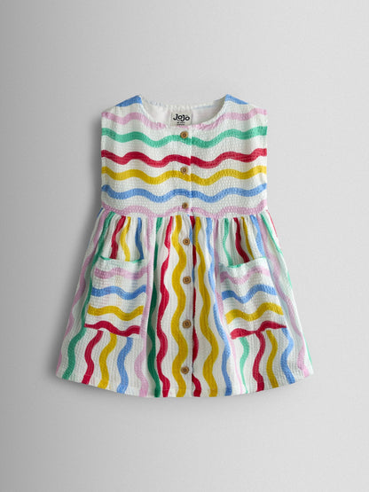 JoJo Maman Bébé White Rainbow Waves Button Through Sleeveless Dress image 1