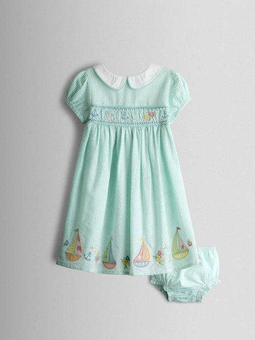 Dsiney Kidz - JoJo Maman Bébé Light Green Boat Appliqué Smocked Dress image 1