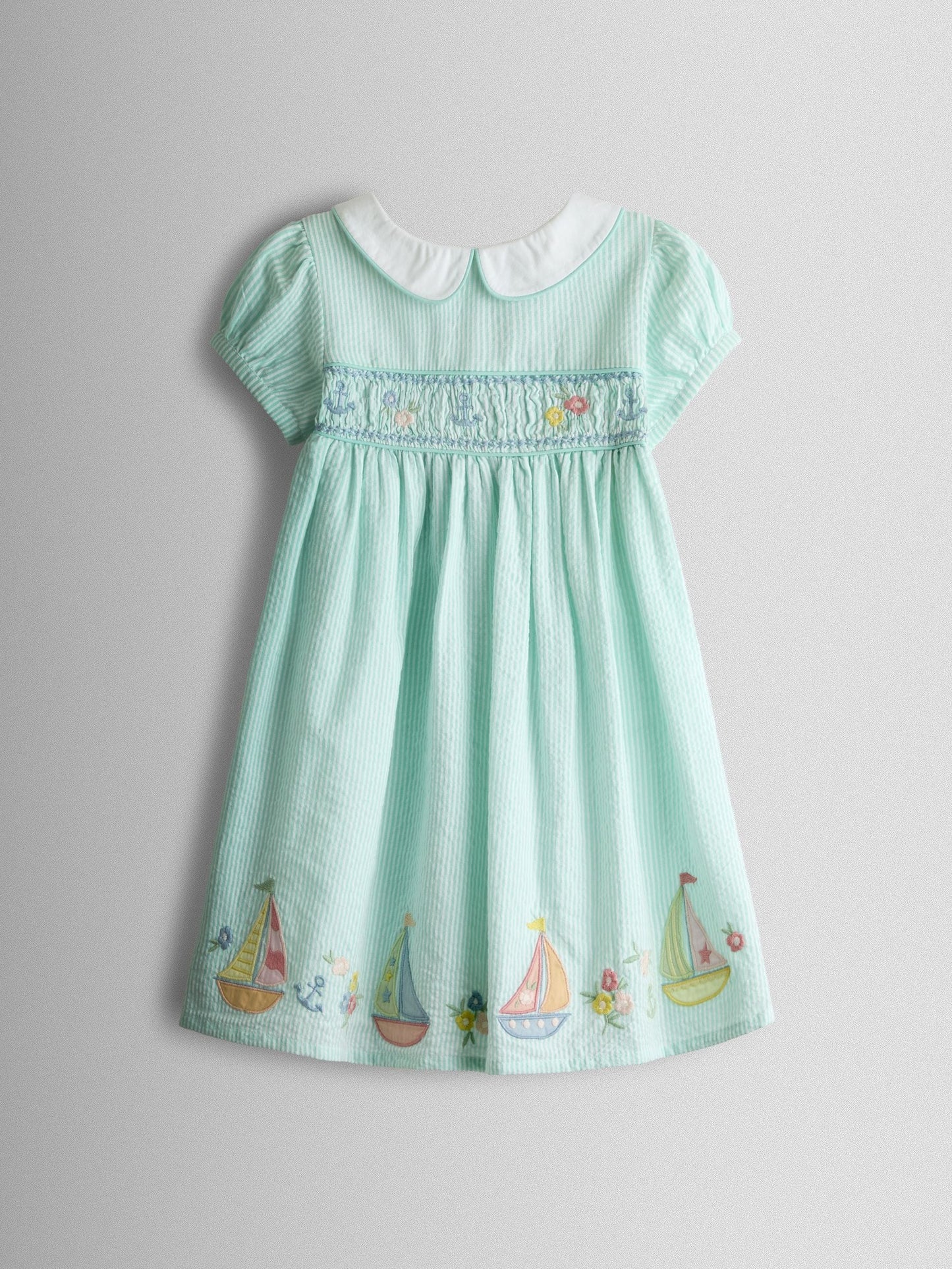 JoJo Maman Bébé Light Green Boat Appliqué Smocked Dress image 2