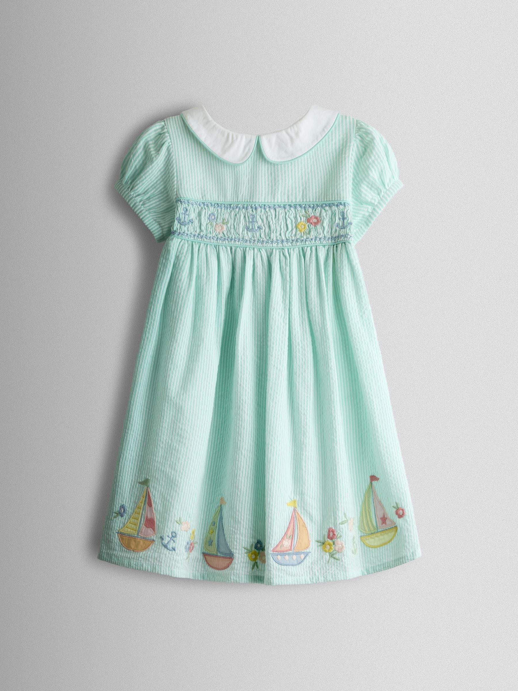 JoJo Maman Bébé Light Green Boat Appliqué Smocked Dress image 2