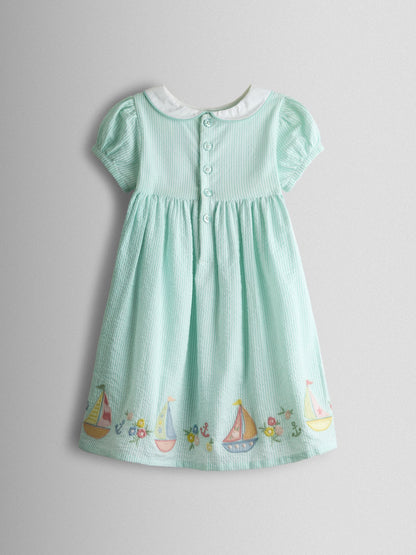 JoJo Maman Bébé Light Green Boat Appliqué Smocked Dress image 3