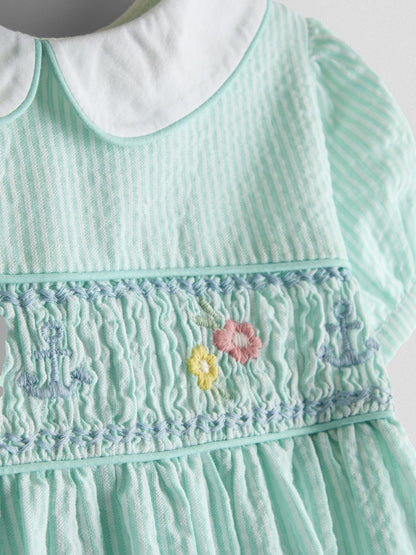 JoJo Maman Bébé Light Green Boat Appliqué Smocked Dress image 6