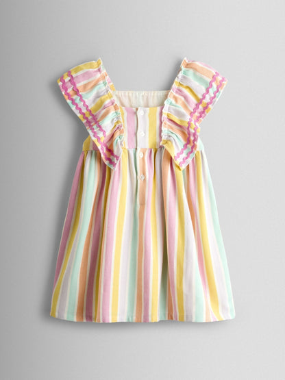 JoJo Maman Bébé Pink Multi Stripe Frill Shoulder Smocked Dress image 3