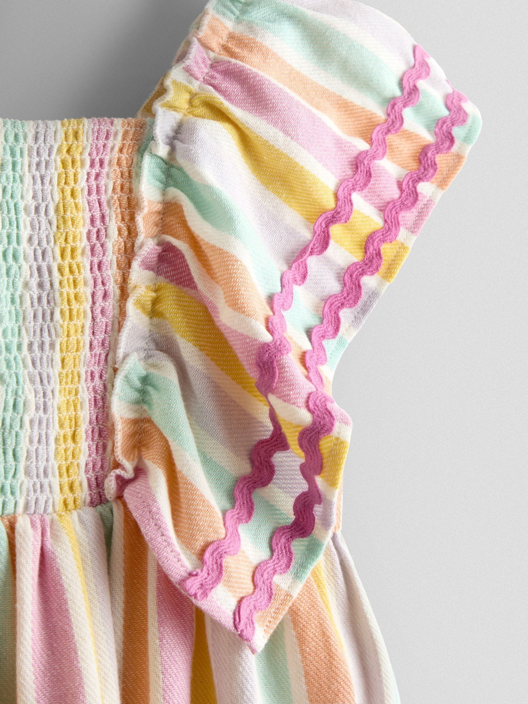 JoJo Maman Bébé Pink Multi Stripe Frill Shoulder Smocked Dress image 4
