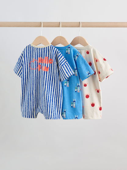 Blue/Ecru Printed Jersey Baby Rompers 3 Pack image 5