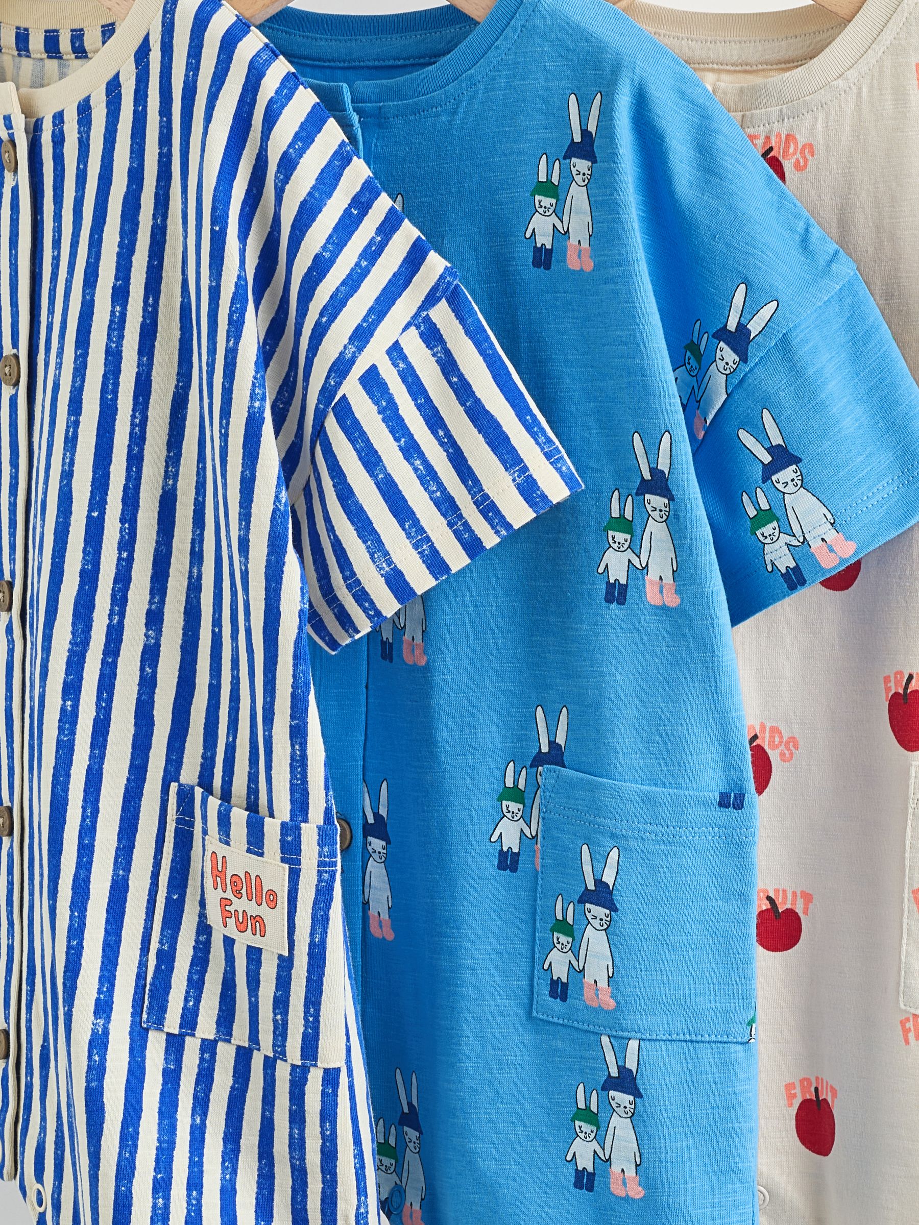 Blue/Ecru Printed Jersey Baby Rompers 3 Pack image 7