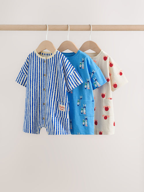 Blue/Ecru Printed Jersey Baby Rompers 3 Pack image 1
