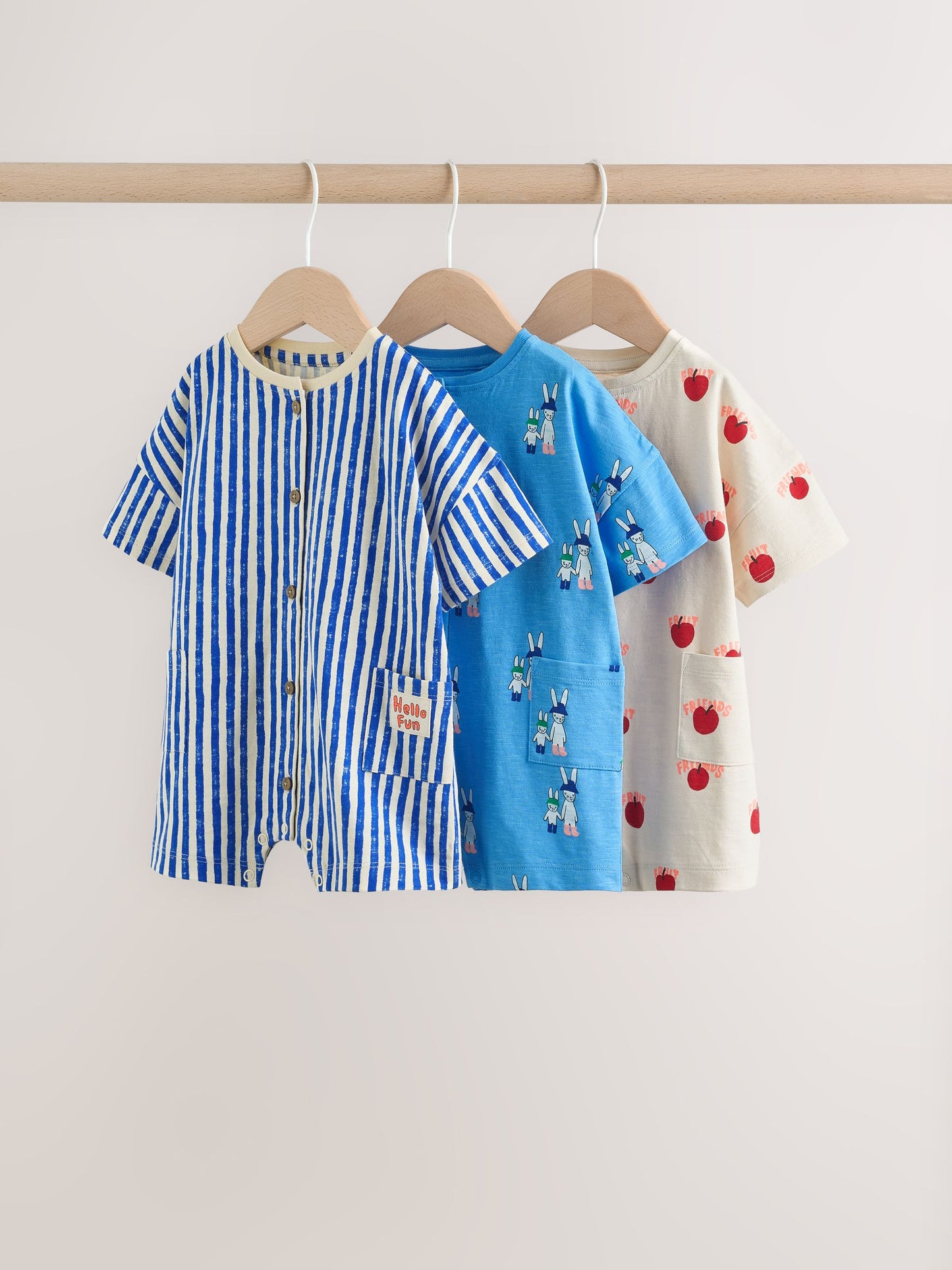Blue/Ecru Printed Jersey Baby Rompers 3 Pack image 1