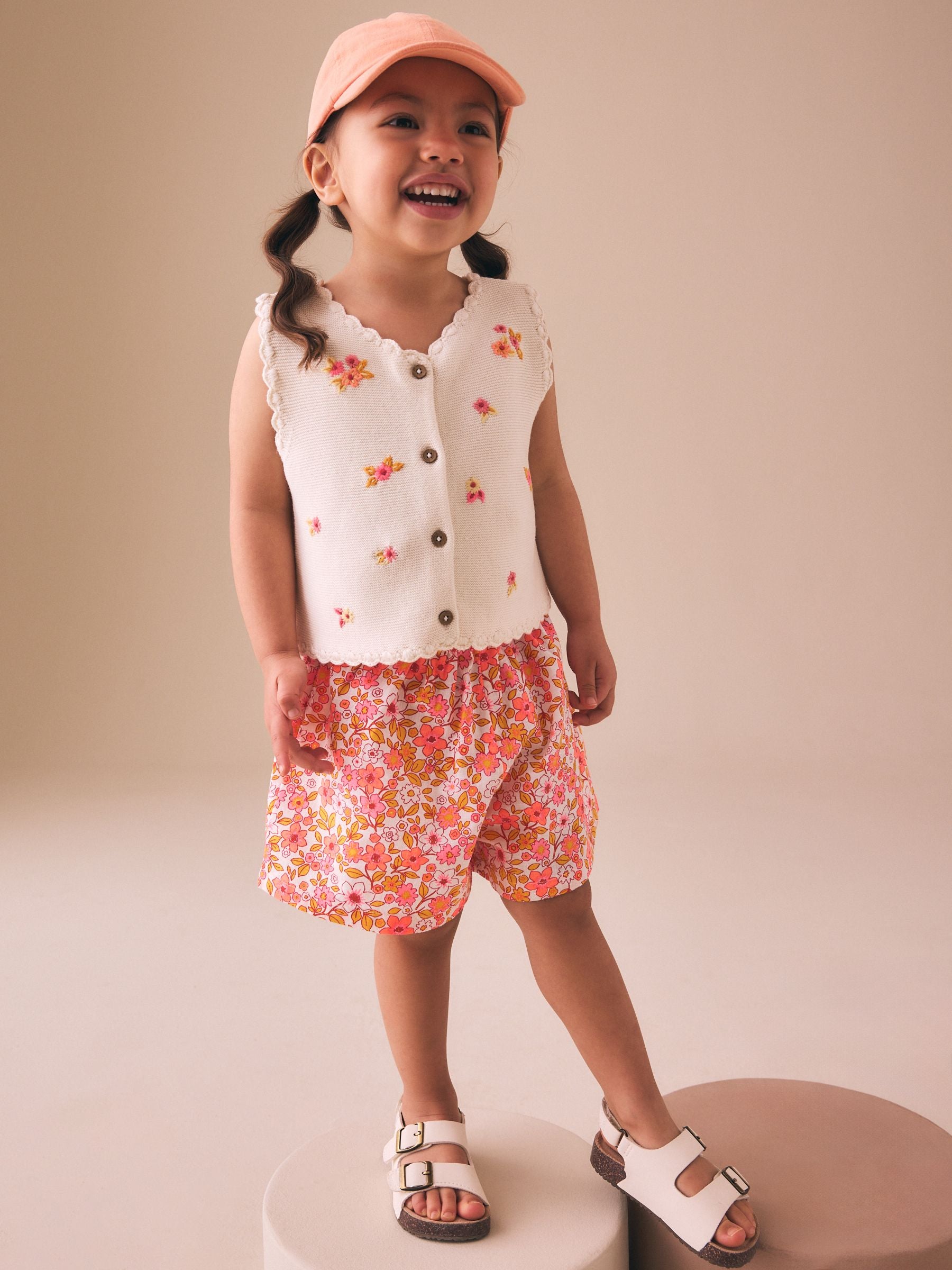 Fluro Pink Floral Knitted Waistcoat And Shorts Set (3mths-7yrs) image 2