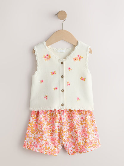 Fluro Pink Floral Knitted Waistcoat And Shorts Set (3mths-7yrs) image 5