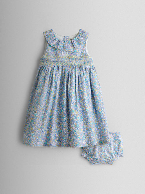 JoJo Maman Bébé Blue Floral Sleeveless Smocked Floral Dress image 1