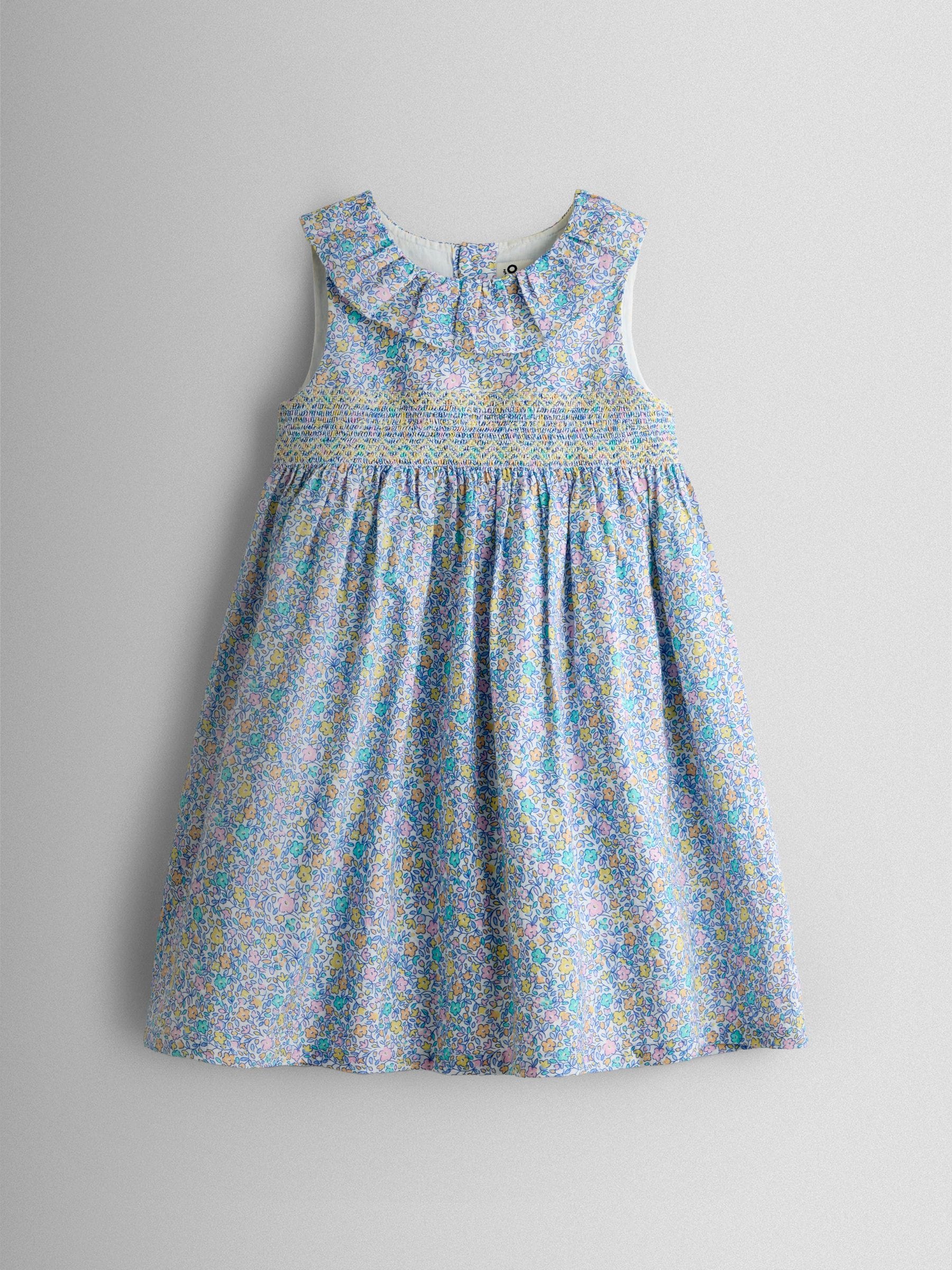 JoJo Maman Bébé Blue Floral Sleeveless Smocked Floral Dress image 2