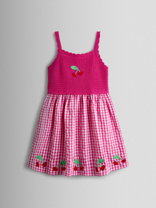JoJo Maman Bébé Pink Gingham Cherry Seersucker Knit Combo Appliqué Dress image 1
