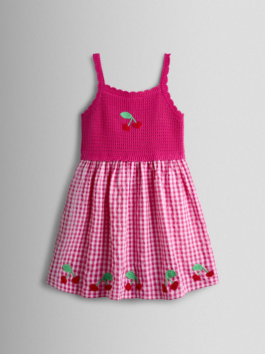 JoJo Maman Bébé Pink Gingham Cherry Seersucker Knit Combo Appliqué Dress image 1