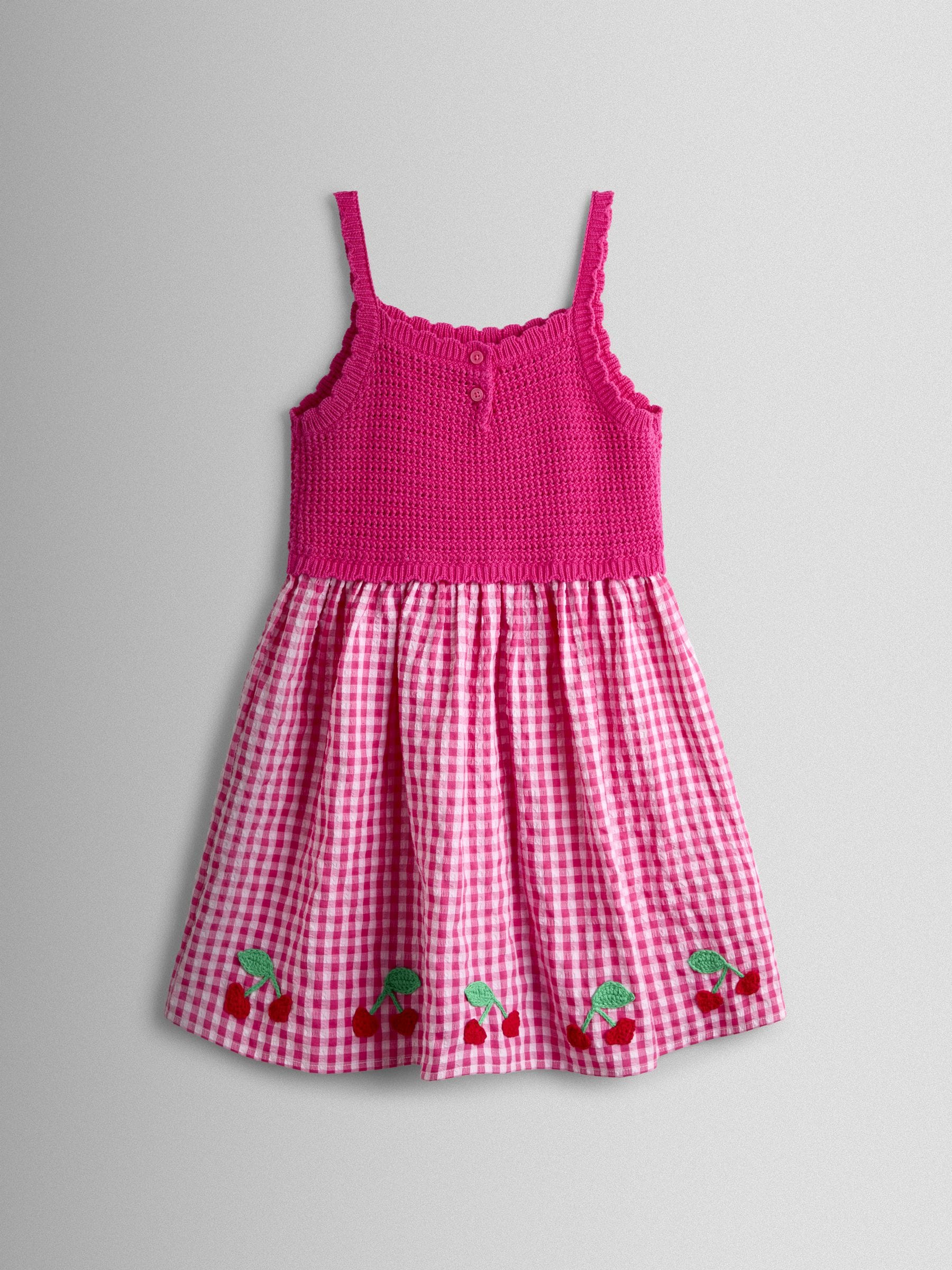 JoJo Maman Bébé Pink Gingham Cherry Seersucker Knit Combo Appliqué Dress image 2