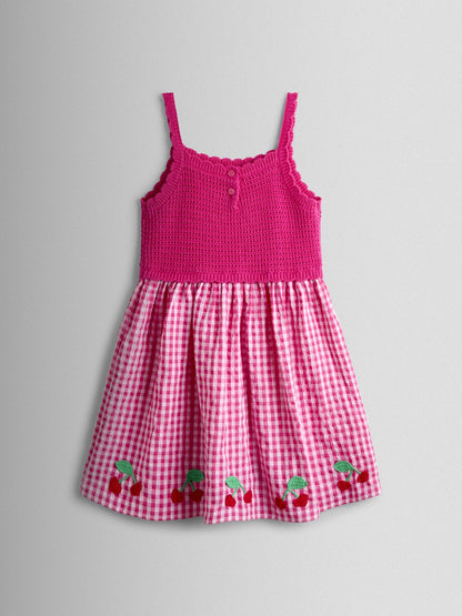 JoJo Maman Bébé Pink Gingham Cherry Seersucker Knit Combo Appliqué Dress image 2