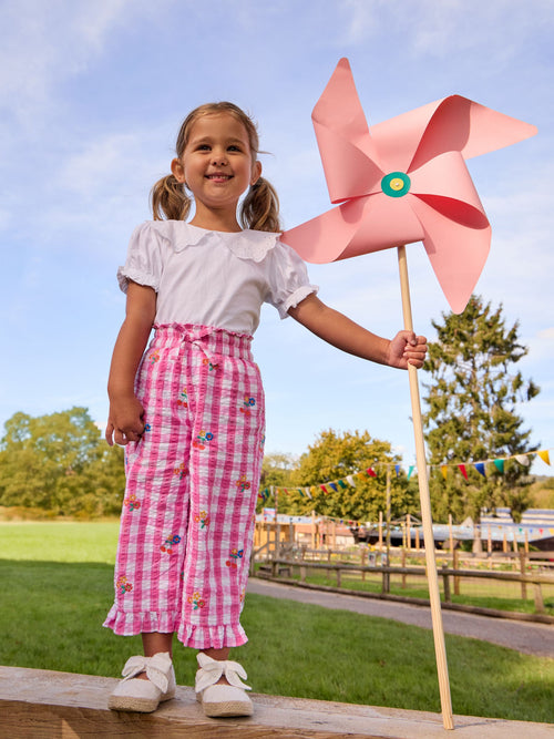 JoJo Maman Bébé Fuchsia Pink Gingham Frill Hem Embroidered Trousers image 1