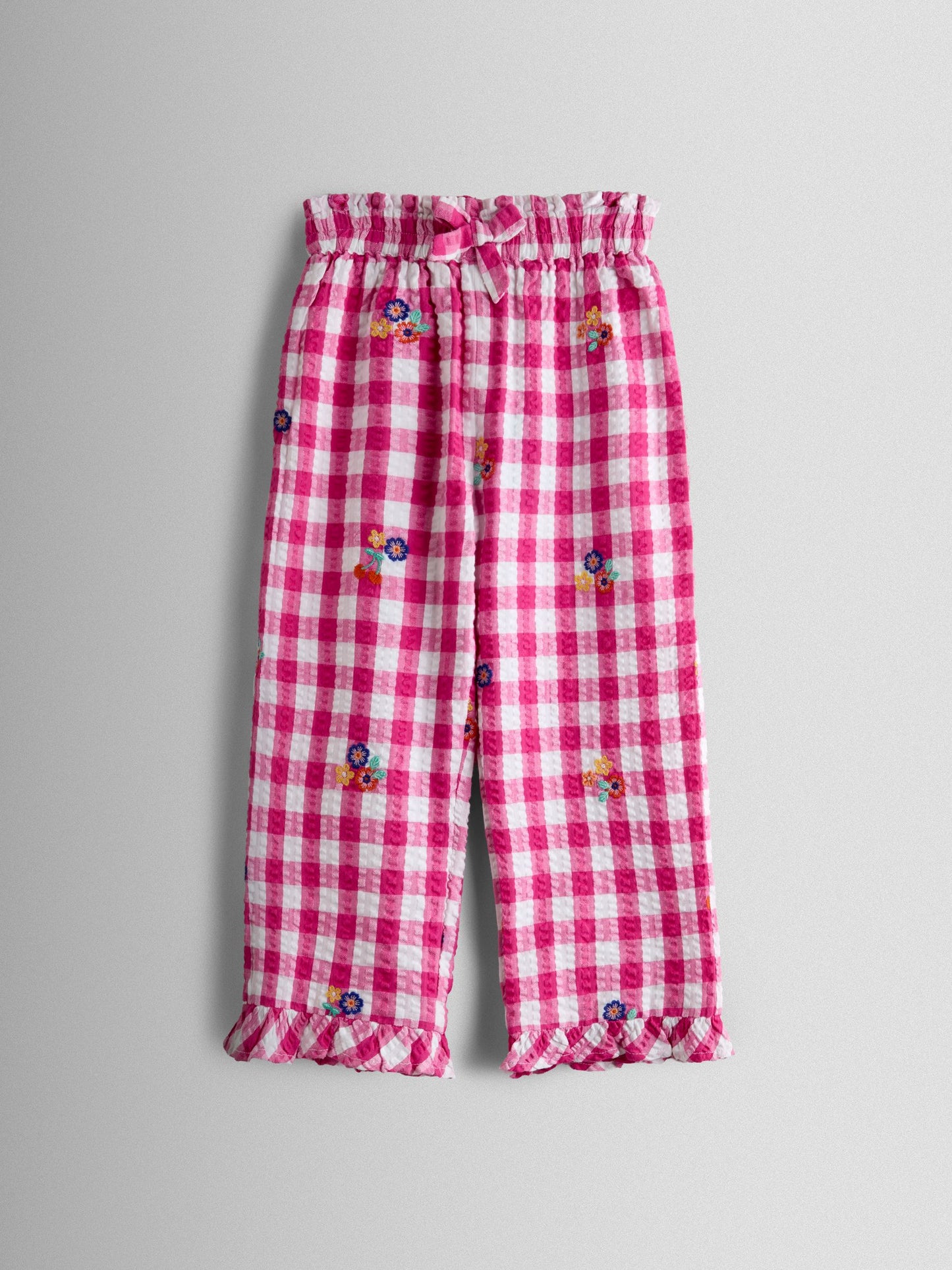 JoJo Maman Bébé Fuchsia Pink Gingham Frill Hem Embroidered Trousers image 2