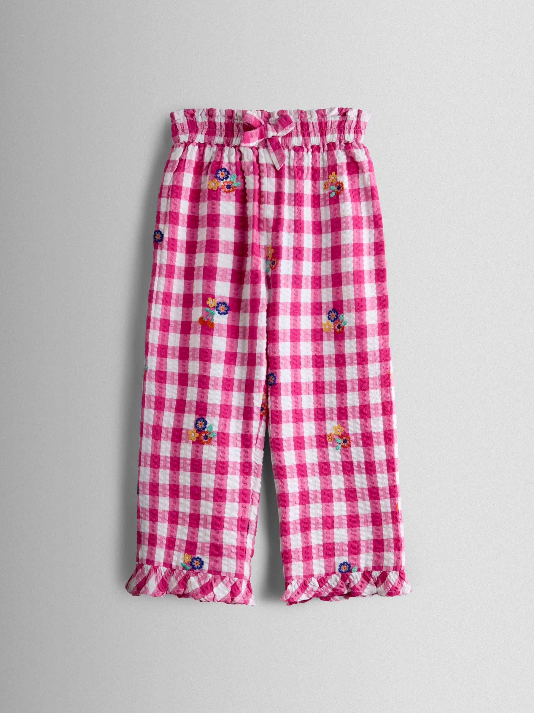 JoJo Maman Bébé Fuchsia Pink Gingham Frill Hem Embroidered Trousers image 2