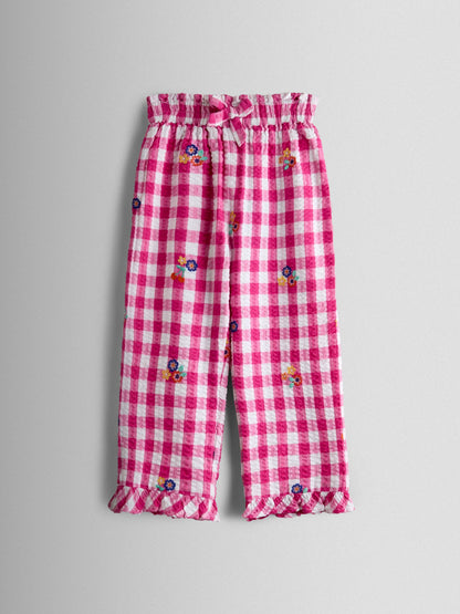 JoJo Maman Bébé Fuchsia Pink Gingham Frill Hem Embroidered Trousers image 2