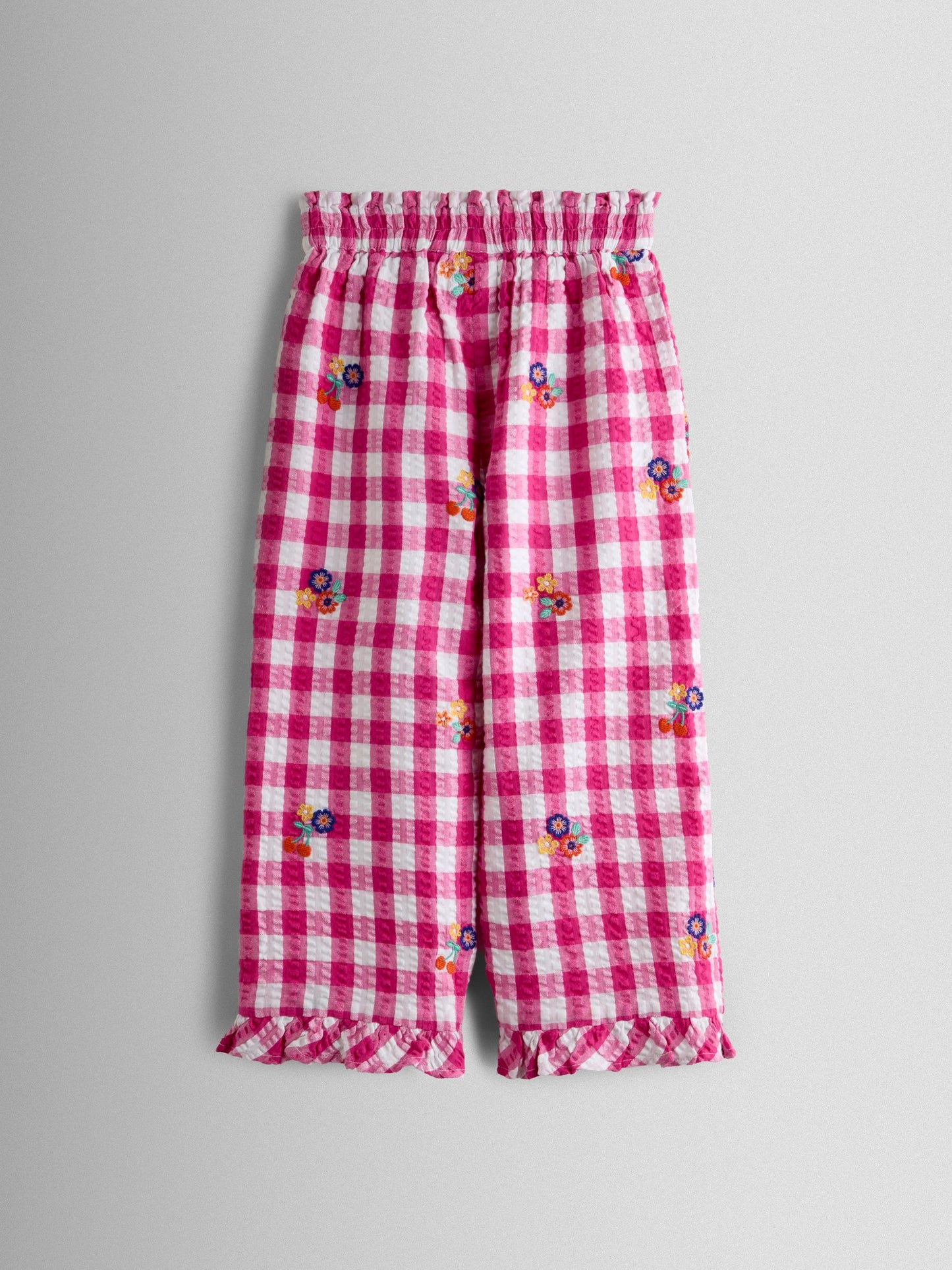JoJo Maman Bébé Fuchsia Pink Gingham Frill Hem Embroidered Trousers image 3