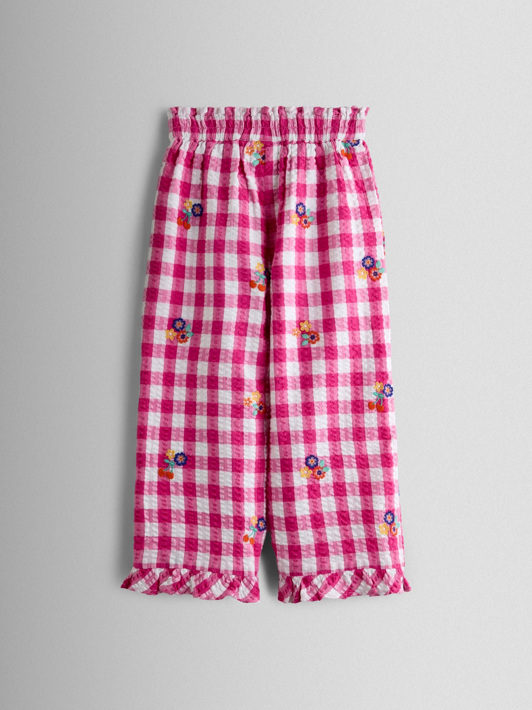 JoJo Maman Bébé Fuchsia Pink Gingham Frill Hem Embroidered Trousers image 3