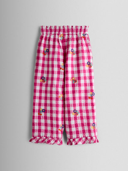 JoJo Maman Bébé Fuchsia Pink Gingham Frill Hem Embroidered Trousers image 3