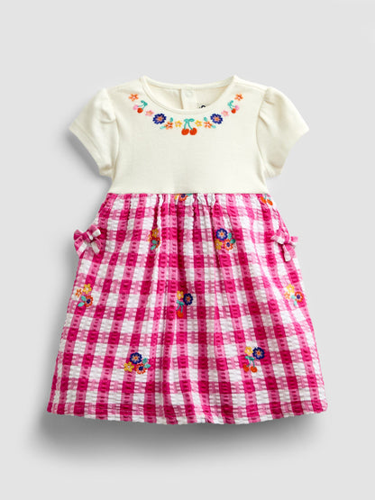 JoJo Maman Bébé Pink Gingham Fruit Embroidered Seersucker Combo Dress image 1
