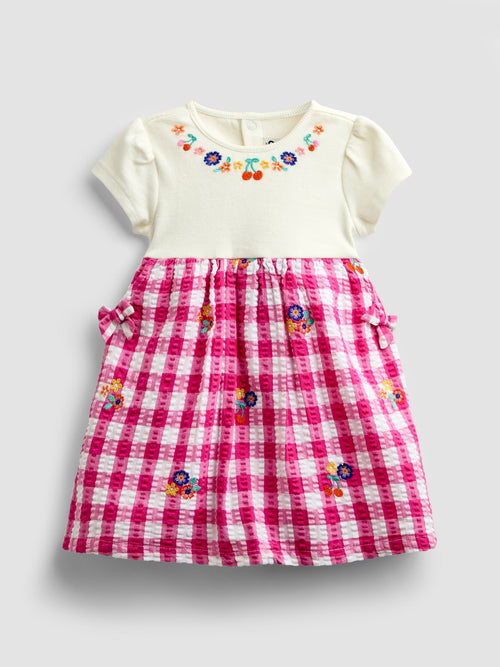 JoJo Maman Bébé Pink Gingham Fruit Embroidered Seersucker Combo Dress image 1