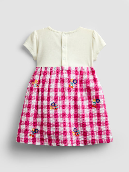 JoJo Maman Bébé Pink Gingham Fruit Embroidered Seersucker Combo Dress image 2