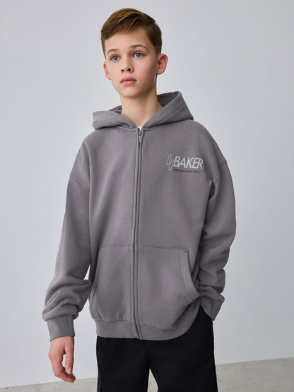 Baker by Ted Baker Charcoal Grey Oversized Graphic Zip Through Hoodie image 1