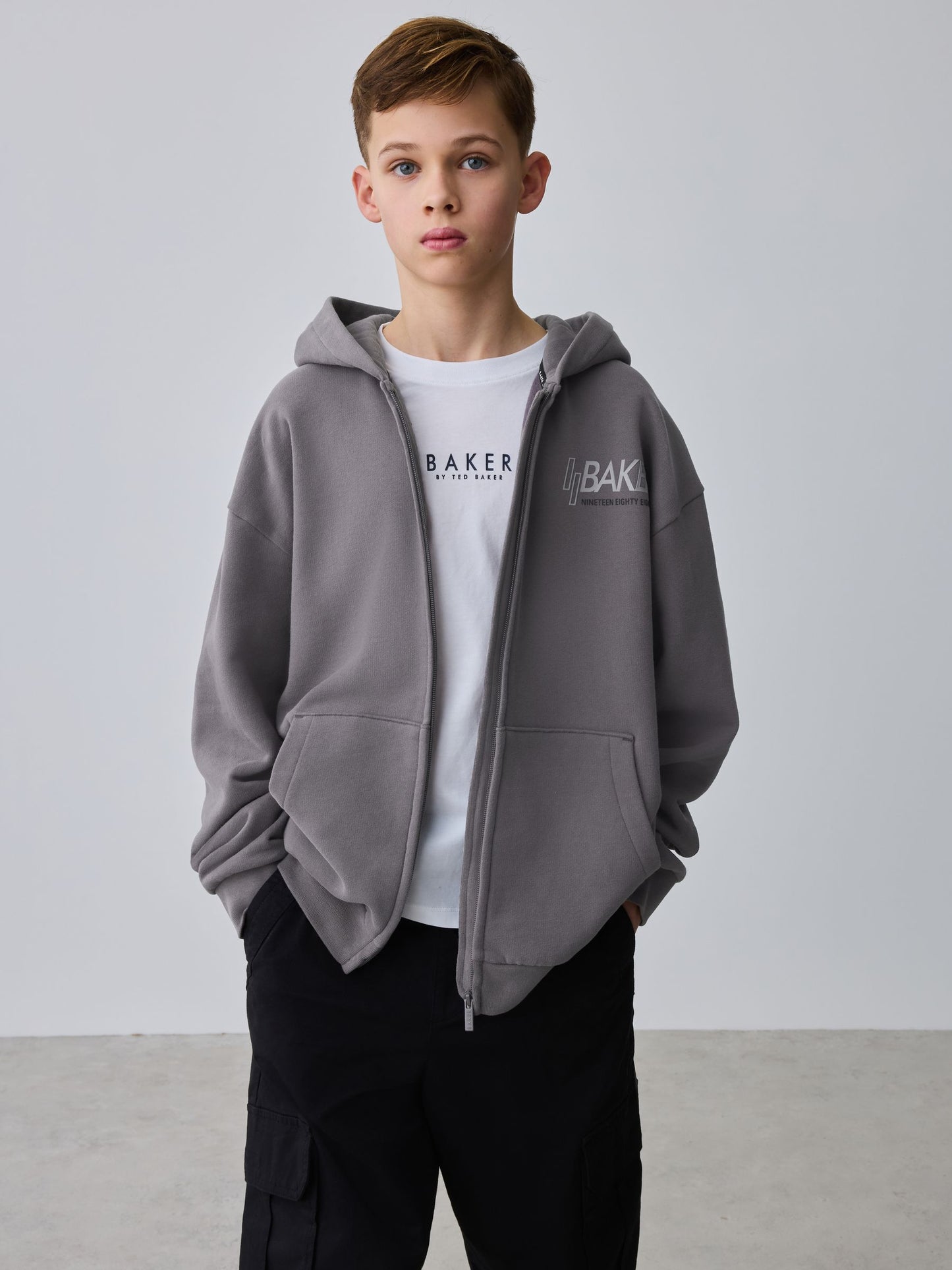 Baker by Ted Baker Charcoal Grey Oversized Graphic Zip Through Hoodie image 3