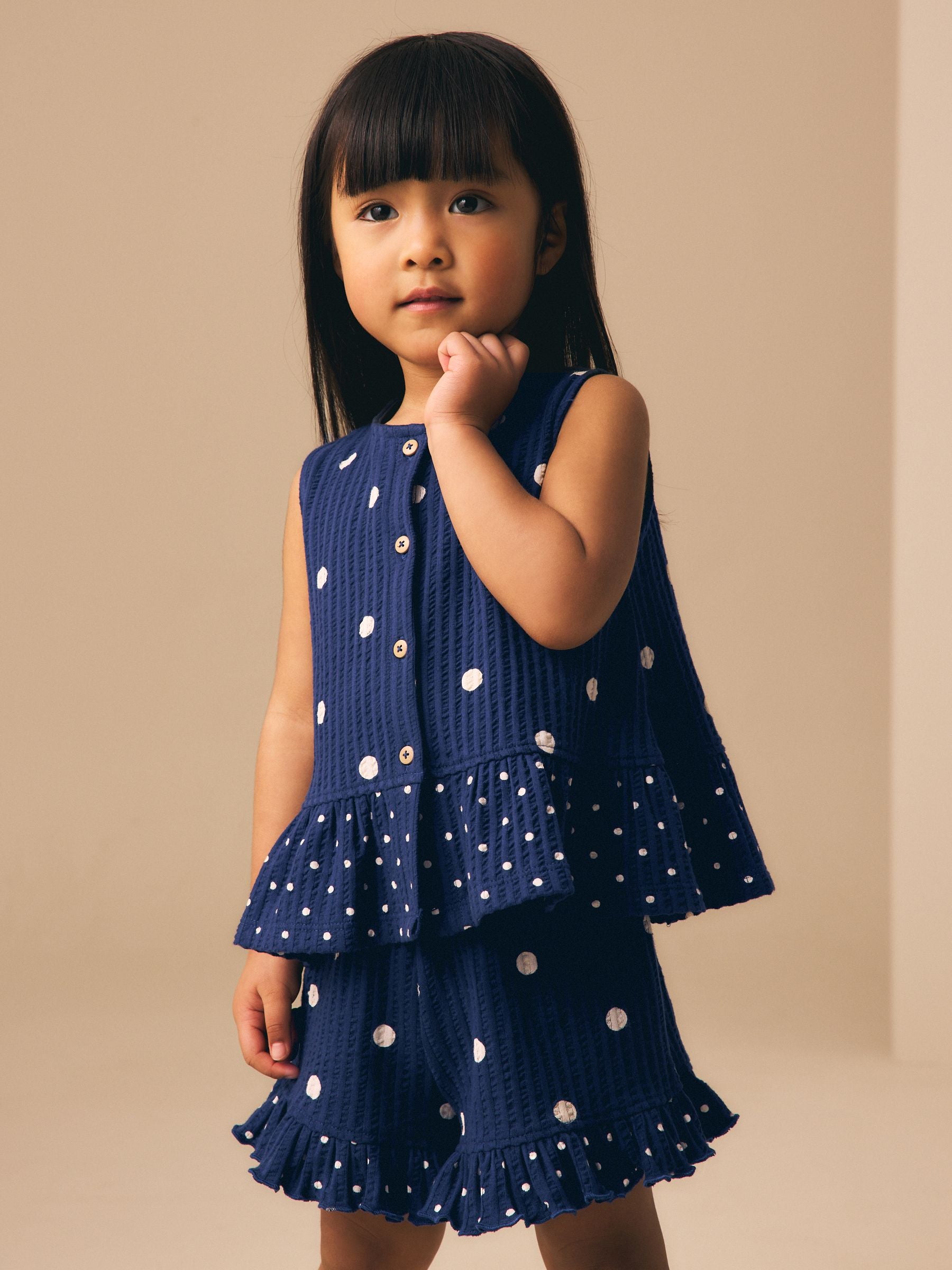 Navy Spot Peplum Vest and Shorts Set (3mths-7yrs) image 3