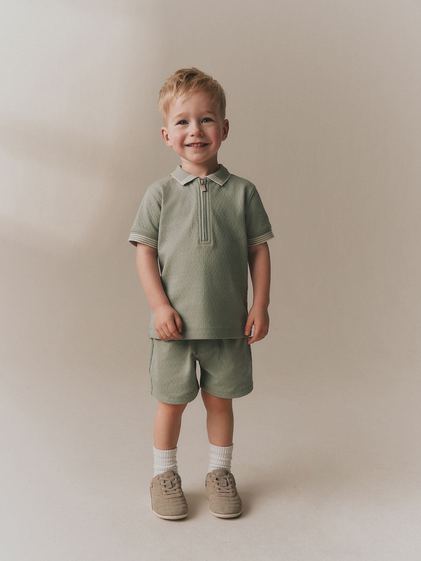 Sage Green Zip Neck Short Sleeve Polo Shirt And Shorts Set (3mths-7yrs) image 1