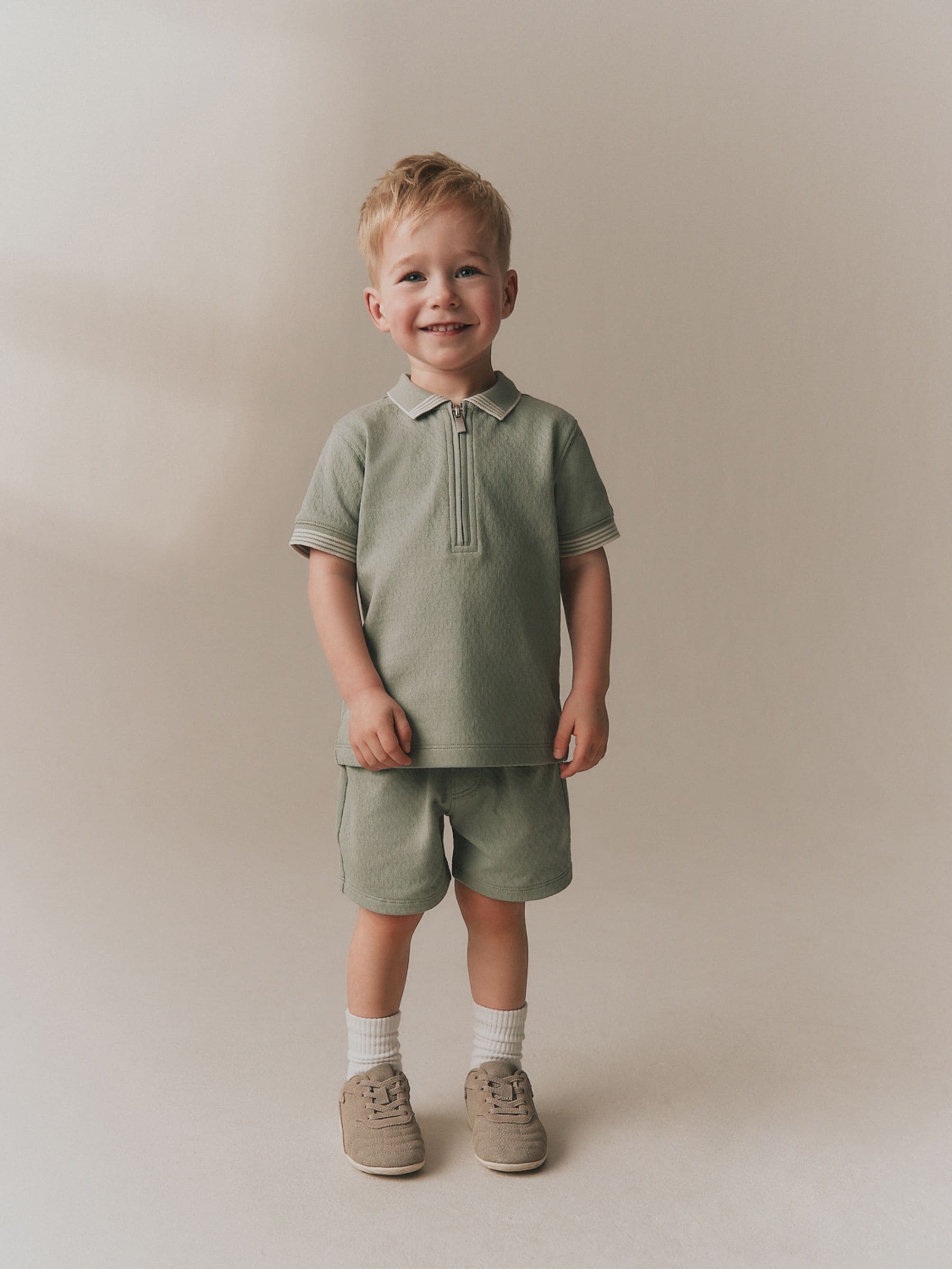 Sage Green Zip Neck Short Sleeve Polo Shirt And Shorts Set (3mths-7yrs) image 1
