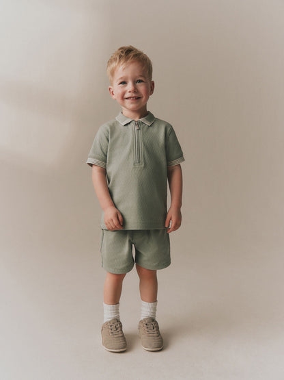 Sage Green Zip Neck Short Sleeve Polo Shirt And Shorts Set (3mths-7yrs) image 1