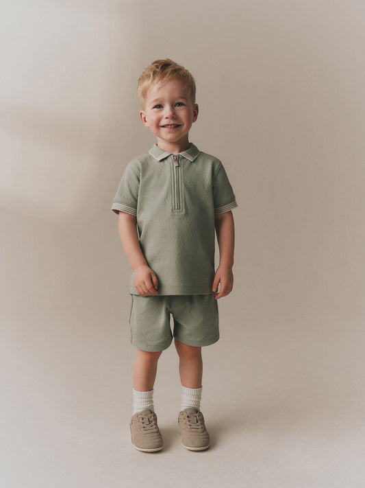Sage Green Zip Neck Short Sleeve Polo Shirt And Shorts Set (3mths-7yrs) image 1