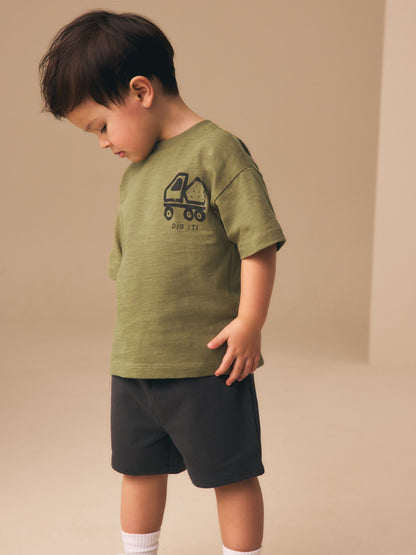 Khaki Green Digger Short Sleeve Back Print T-Shirt and Shorts Set (3mths-7yrs) image 1