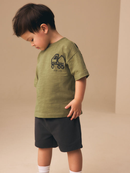 Khaki Green Digger Short Sleeve Back Print T-Shirt and Shorts Set (3mths-7yrs) image 1